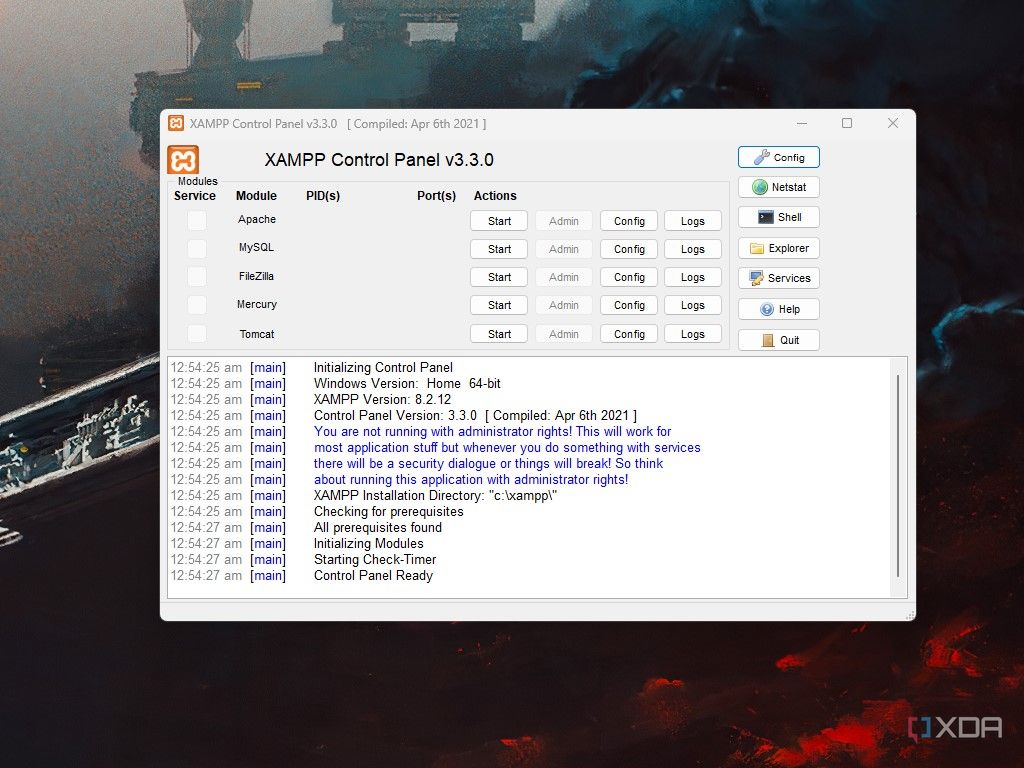 Windows 11 screenshot showing XAMPP installed and running.