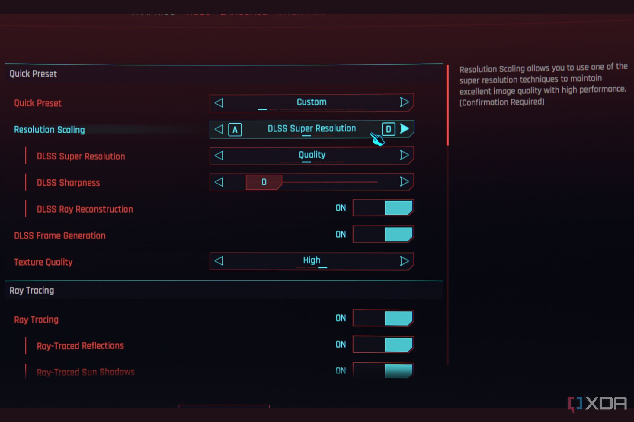 Una captura de pantalla que muestra la opción DLSS en la configuración de Cyberpunk.