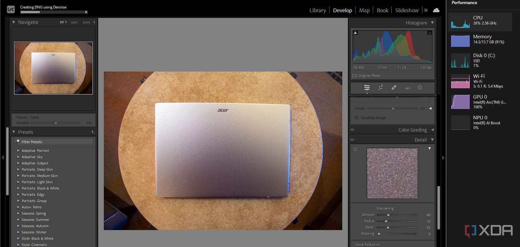 Acer Swift Go Lightroom Denoise ejecutándose en la GPU