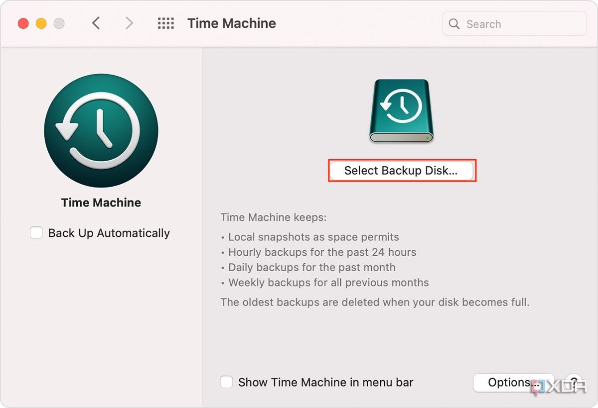 Time Machine settings on macOS with select backup disk button highlighted