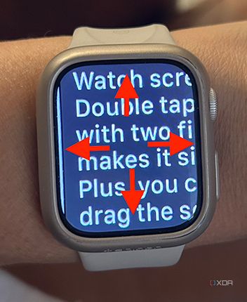 An Apple Watch on wrist with enlarged text and arrows pointing up, down, left, and right.