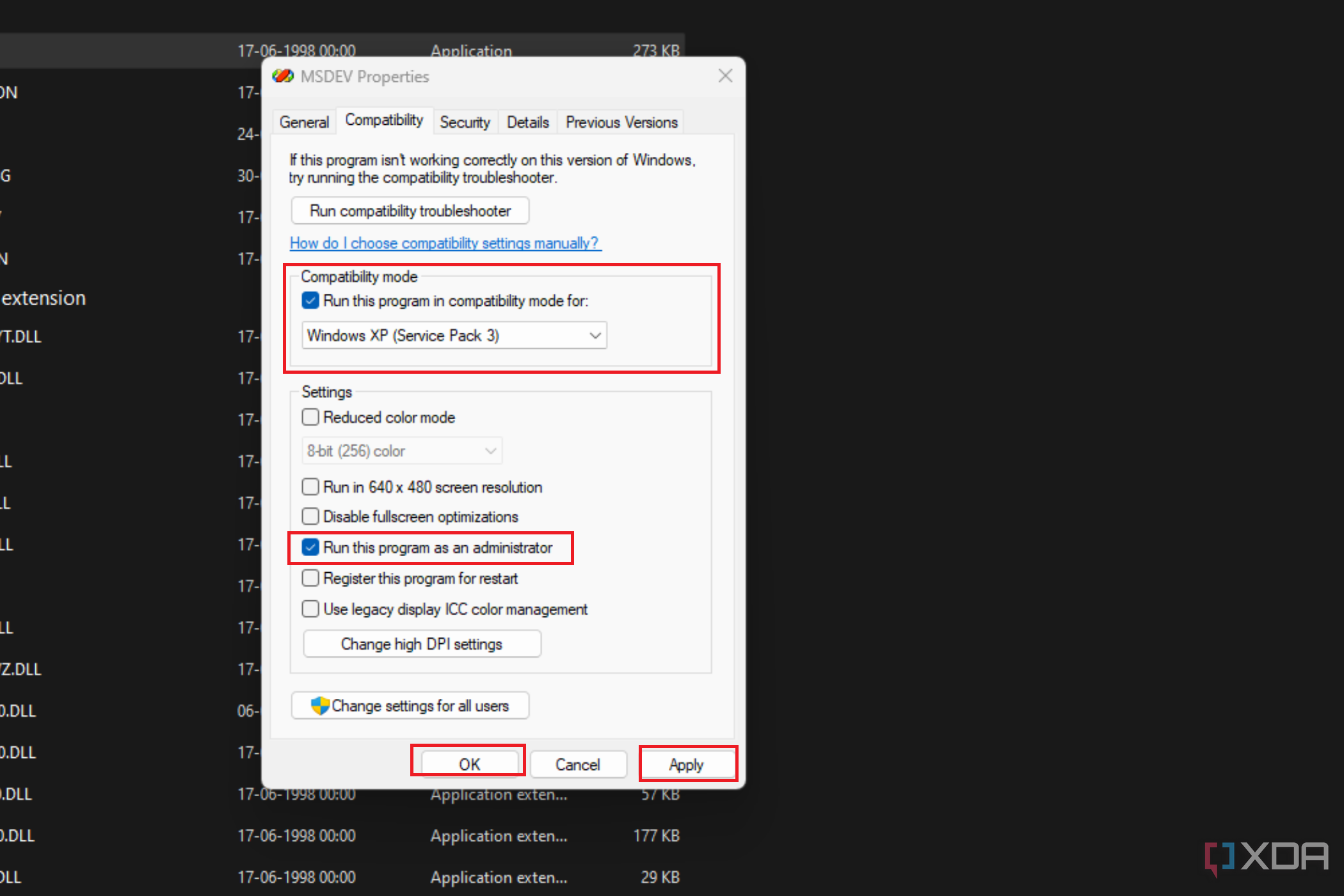  Image showing the properties dialog for 'MSDEV' with a compatibility tab open, offering options like running in compatibility mode for Windows XP Service Pack 3.