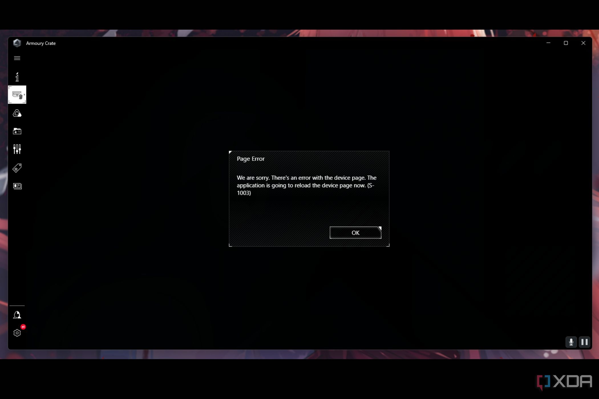 Una captura de pantalla que muestra un mensaje de error en la utilidad ASUS Armory Crate.