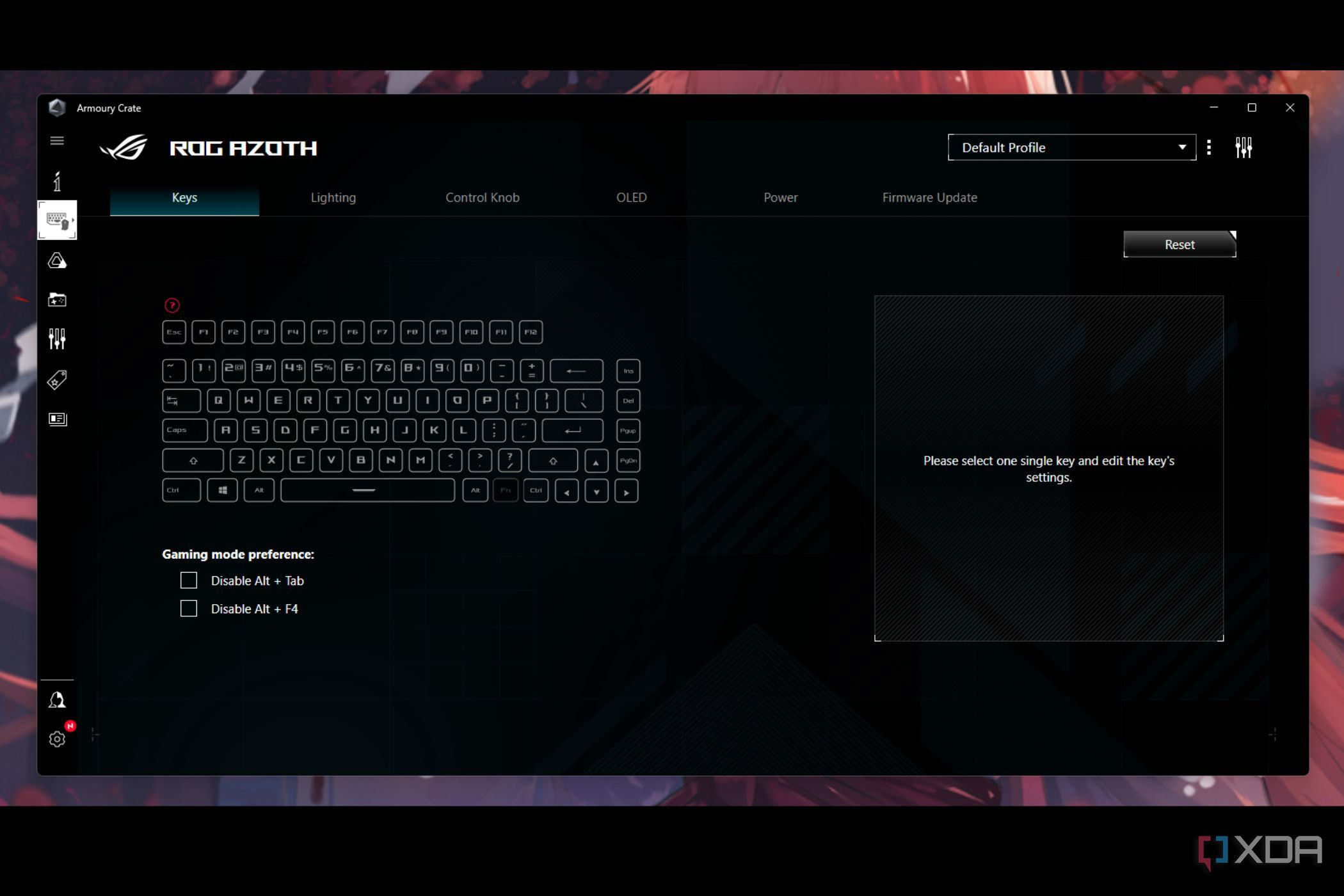 A screenshot showing key programming option for the ROG Azoth keyboard in ASUS Armory Crate utility.