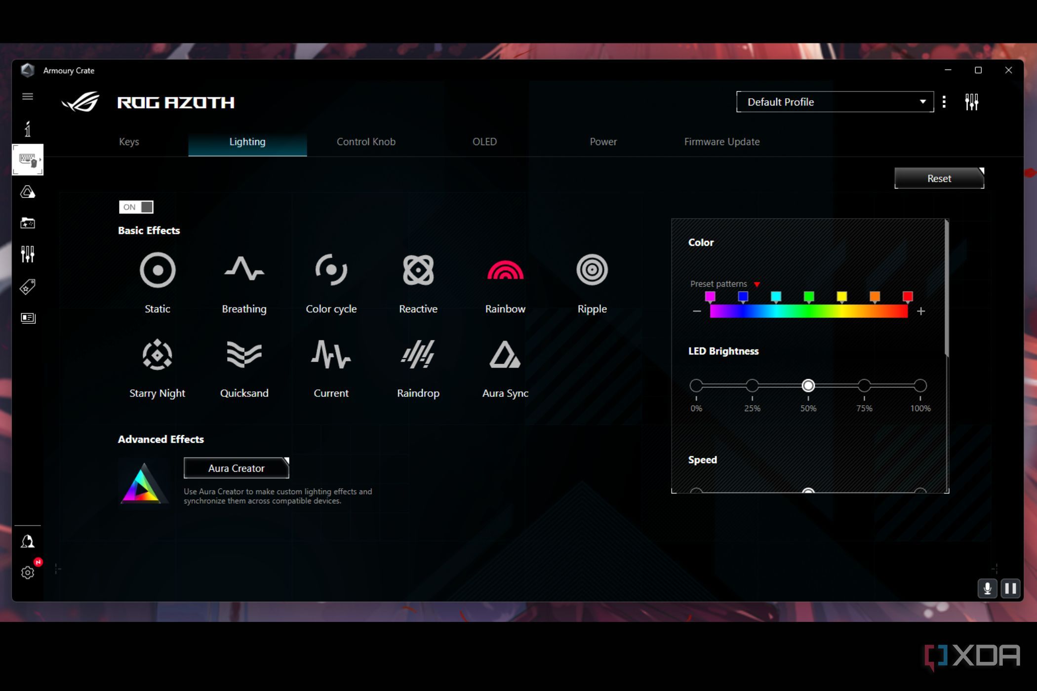 A screenshot showing the lighting customization option for the ROG Azoth keyboard in ASUS Armoury Crate utility.