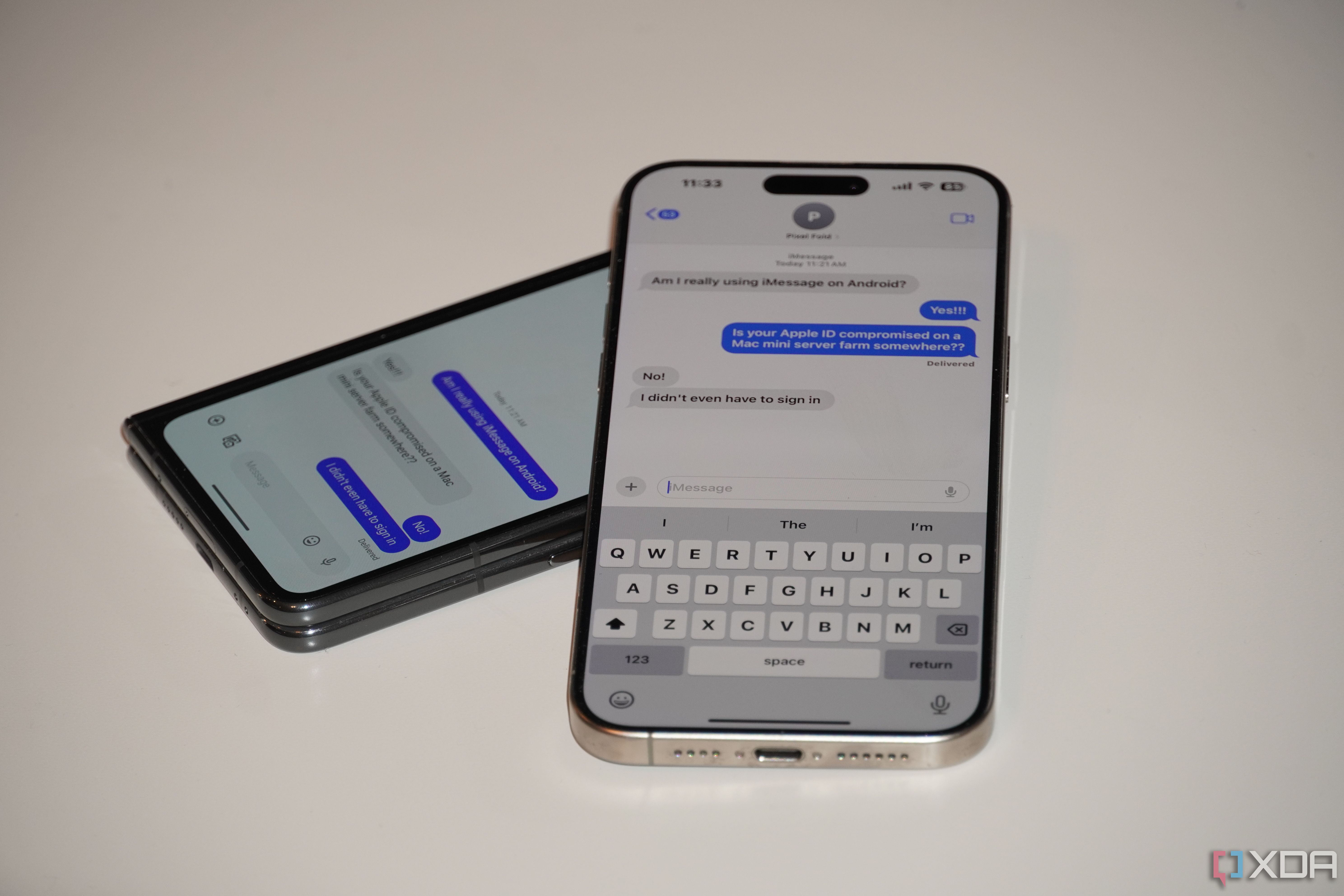 A Pixel Fold using iMessage with an iPhone 15 Pro Max. 