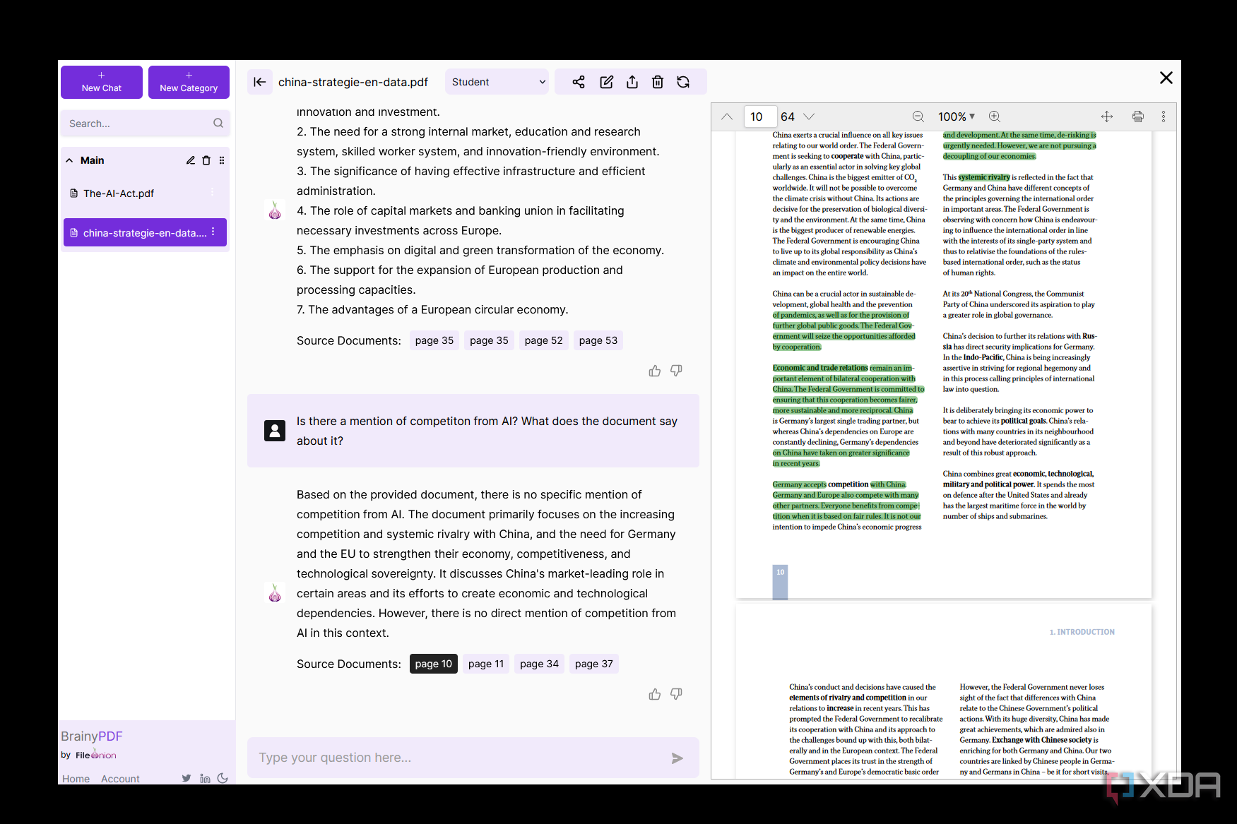 Interfaz de BrainyPDF que muestra el PDF en el lado derecho y el chatbot de preguntas y respuestas en el lado izquierdo, con partes resaltadas correspondientes a las respuestas del chatbot