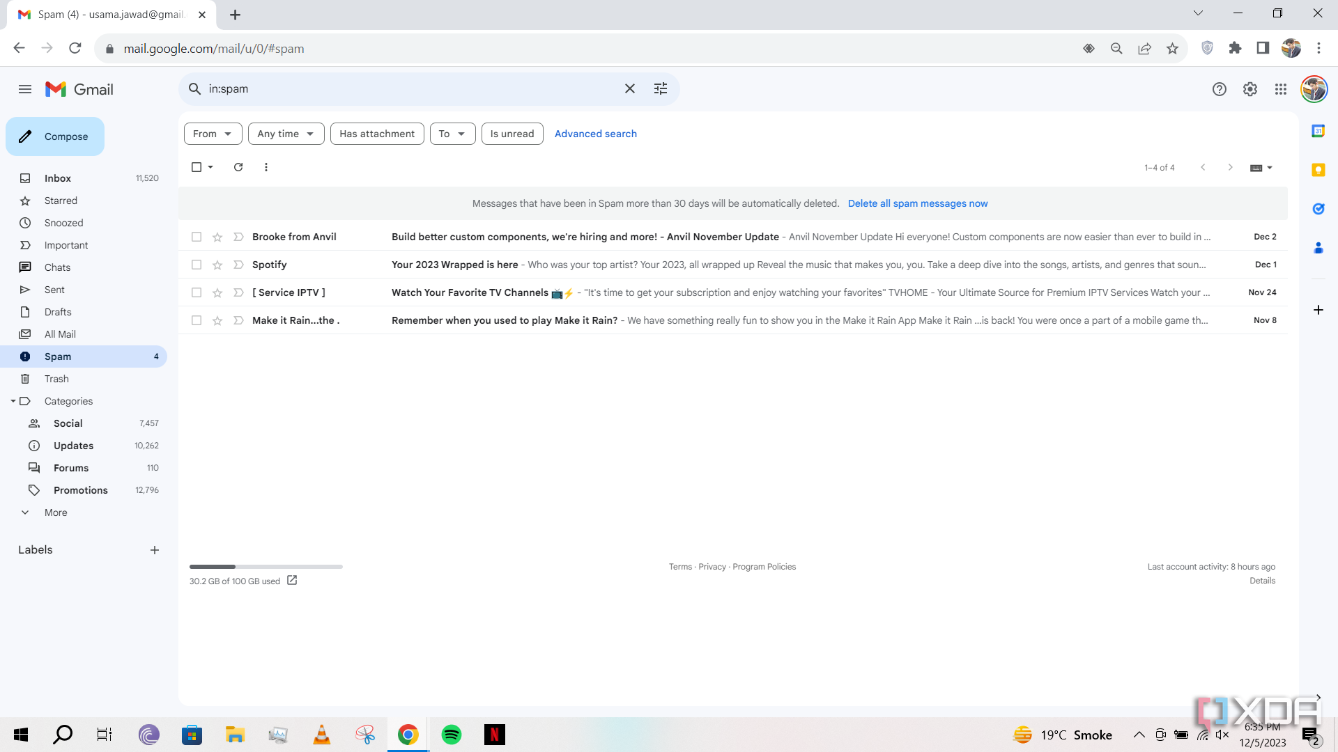 Carpeta de spam abierta en Gmail