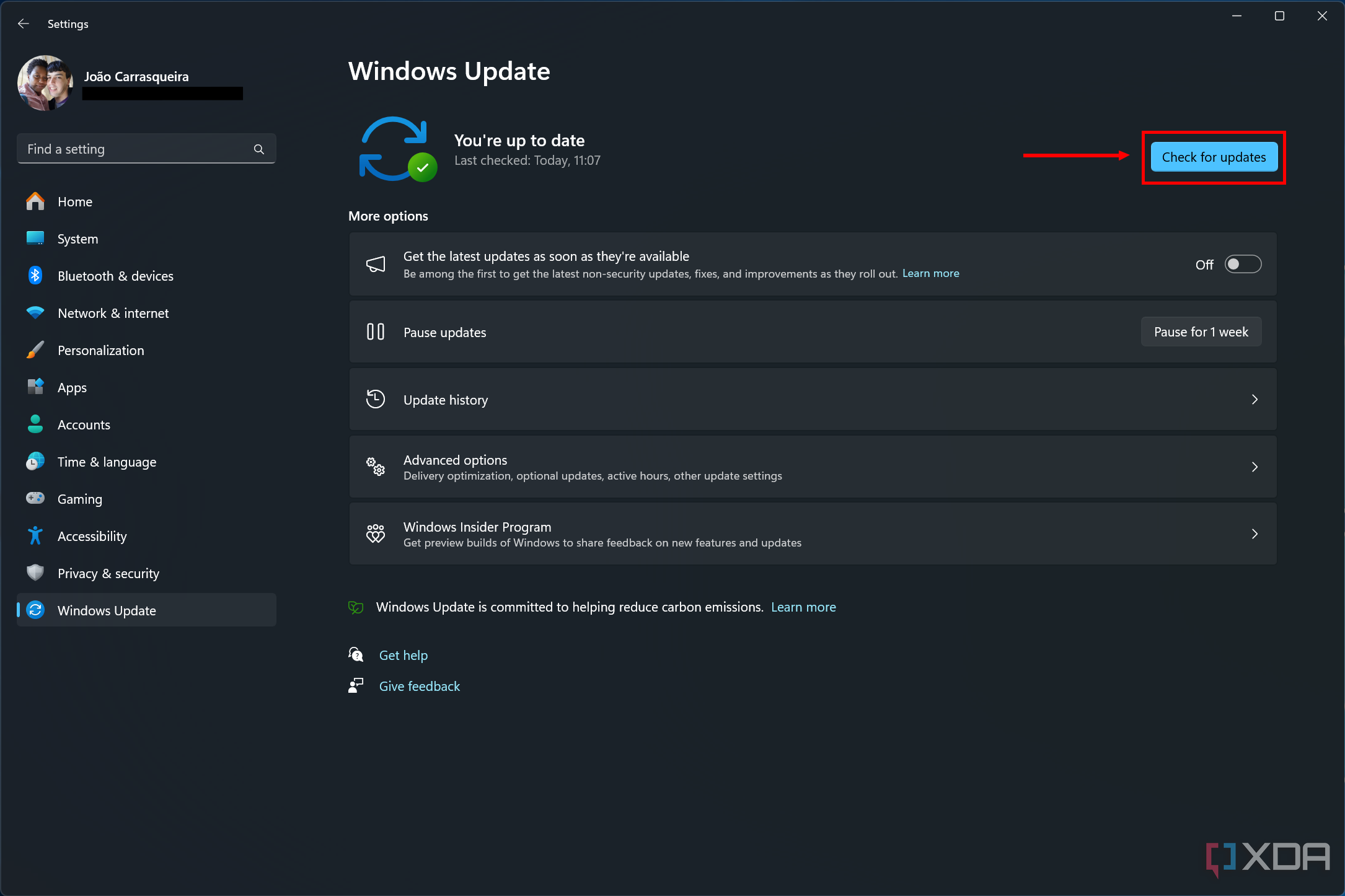 Screenshot of Windows Update with the Check for updates button highlighted