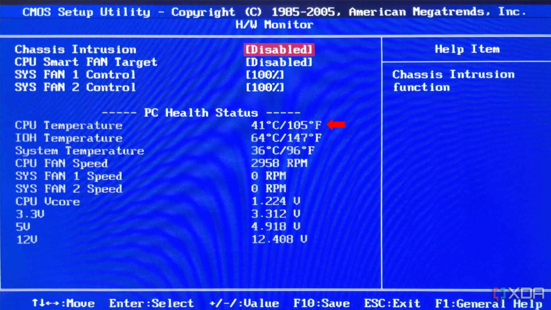 El monitor de hardware en BIOS muestra el estado de salud de la PC, incluida la temperatura de la CPU y la temperatura IOH con una flecha que apunta a la temperatura de la CPU.