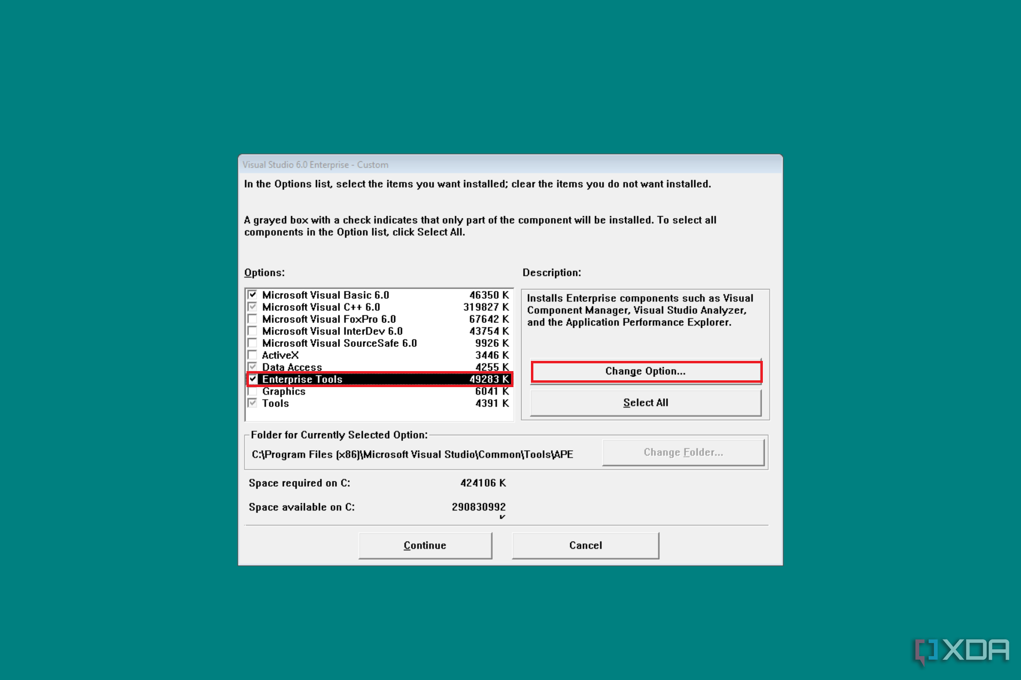 Screenshot of Visual Studio 6.0 Enterprise installation, with options like Visual Basic 6.0 and C++ 6.0 checked for setup, including directory path, space requirements, and action buttons.