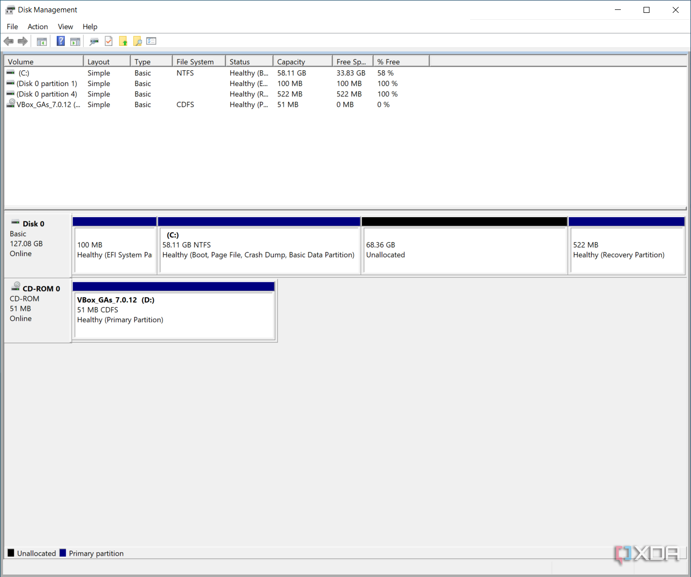 Screenshot of Disk Management showing some unallocated space on the main disk