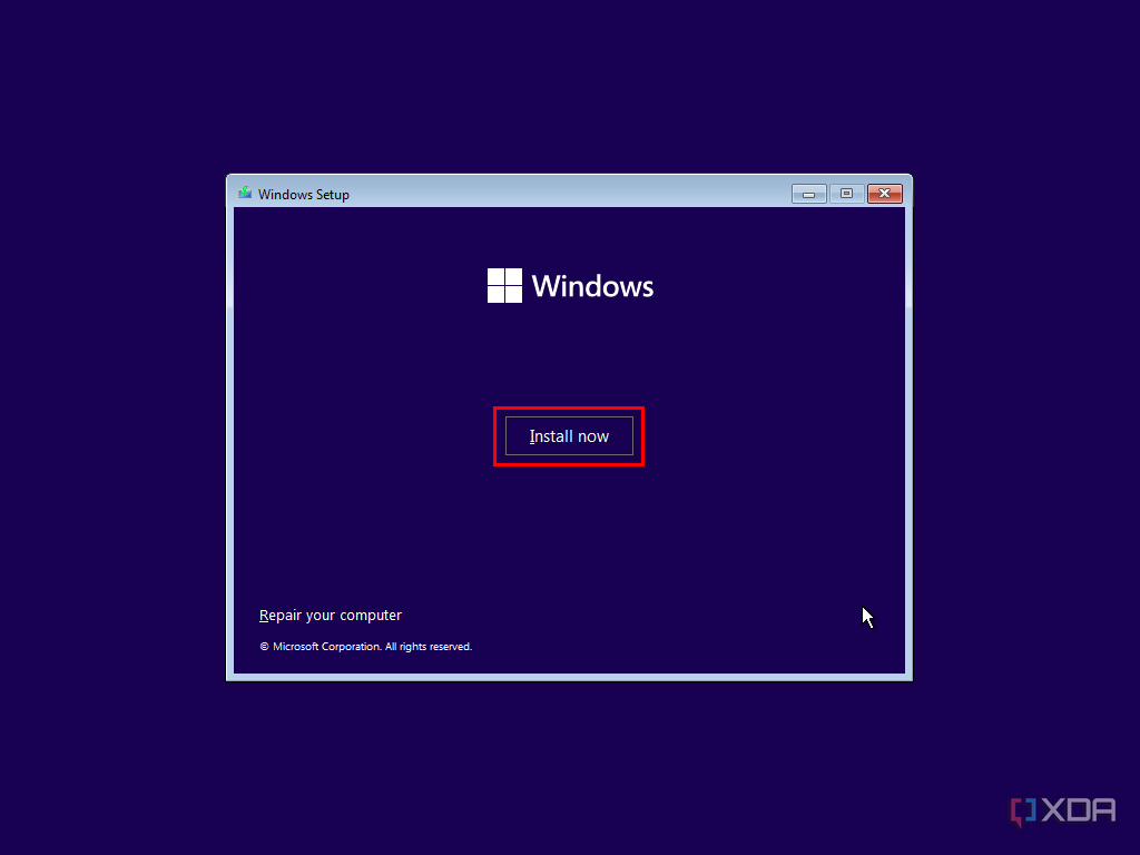 Screenshot of Windows pre-installation environment with an Install Now button