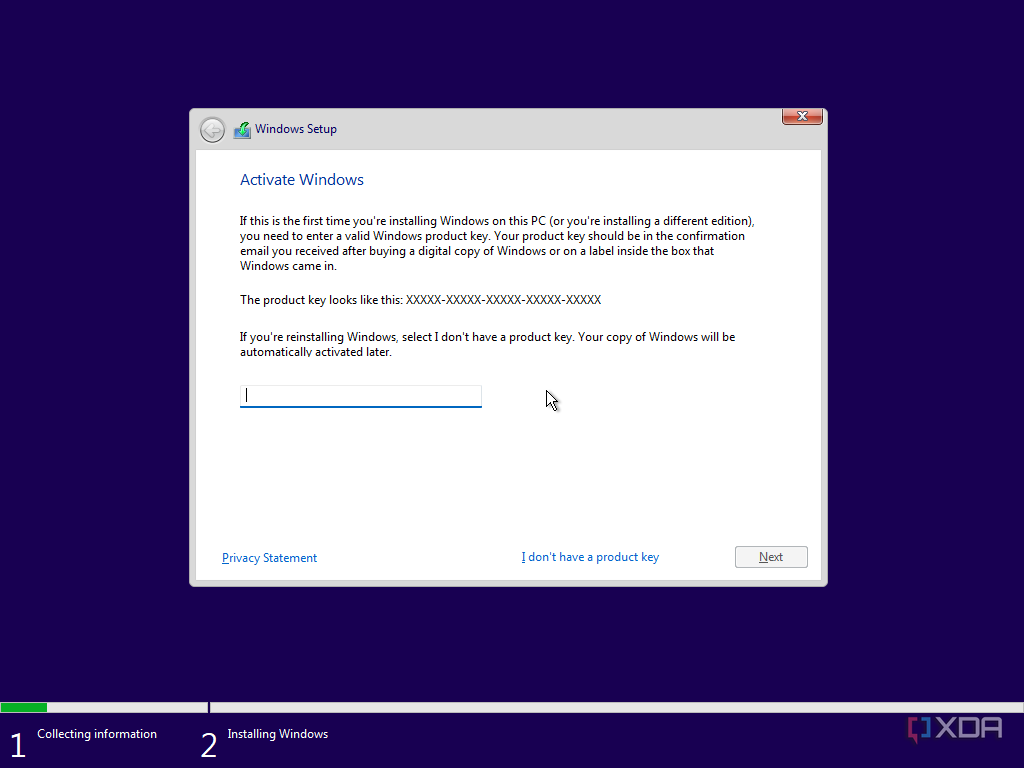Screenshot of Windows pre-installation environment asking the user for a product key
