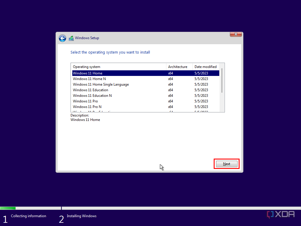 Screenshot of Windows pre-installation environment asking the user to choose the correct edition of Windows 11