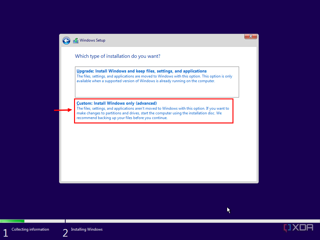 Screenshot of Windows pre-installation environment asking the user whether to upgrade an existing installation or simply install Windows