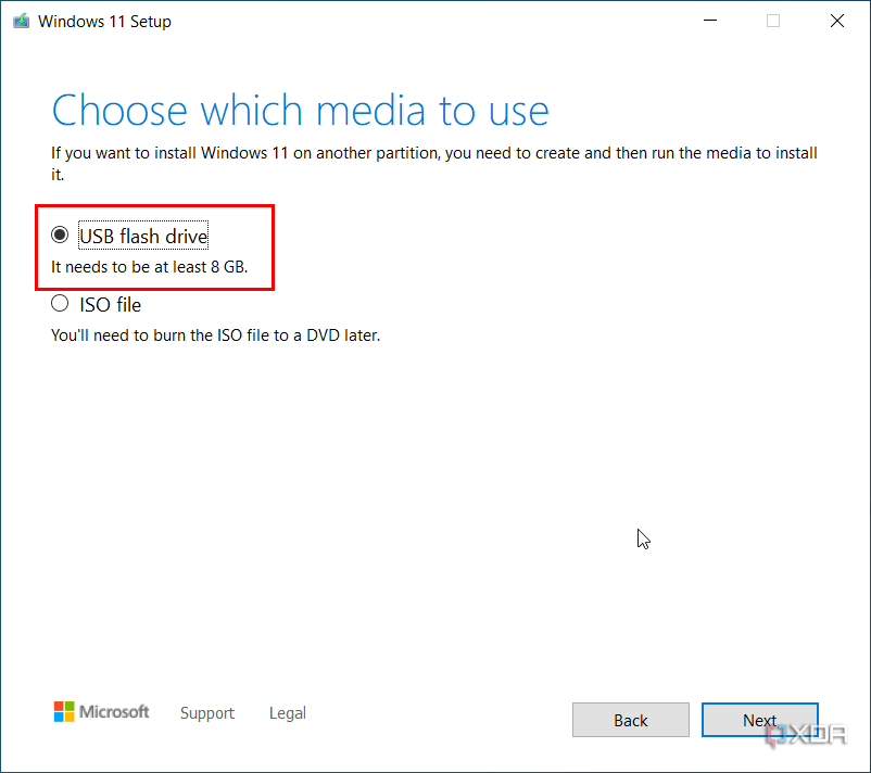 Screenshot of Media Creation Tool asking the user to choose what media to use. The USB flash drive option is selected