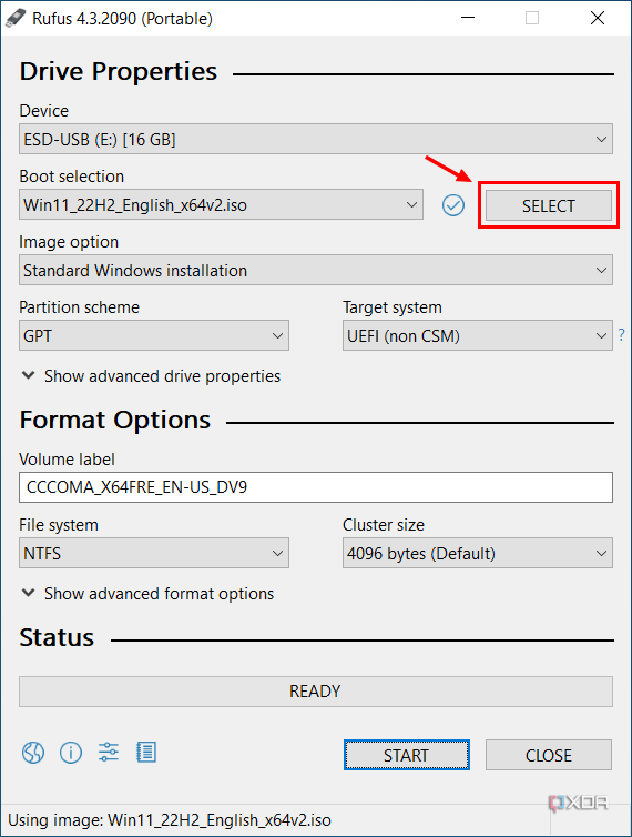 Screenshot of Rufus with the Select button highlighted to choose a source ISO