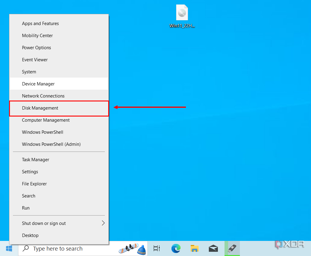 Screenshot of a Windows 10 Start context menu with the Disk Management option highlighted