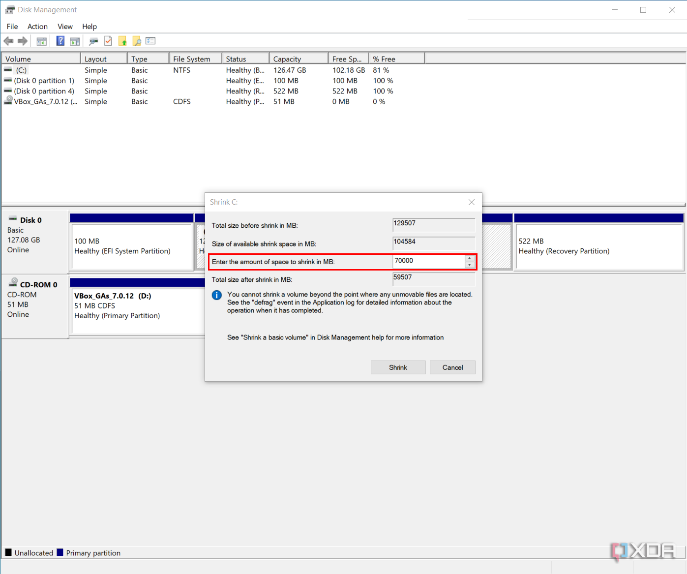 Screenshot of Disk Management asking the user to choose an amount by which to shrink a partition
