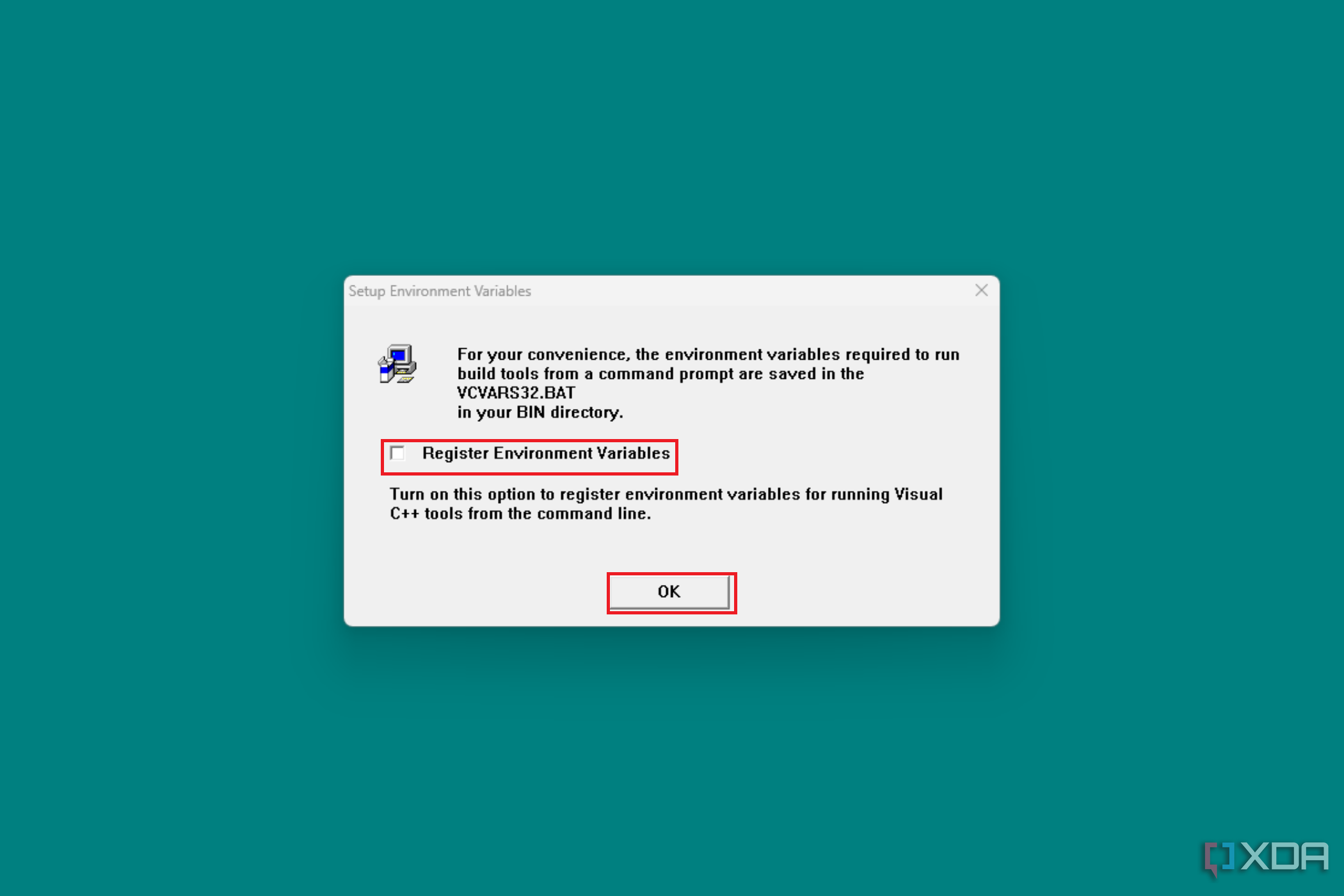 Image of a setup prompt for registering environment variables for Visual C++ tools from the command line, with an option checkbox and an 'OK' button.