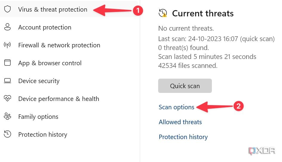 The steps to open scan options in Windows Security