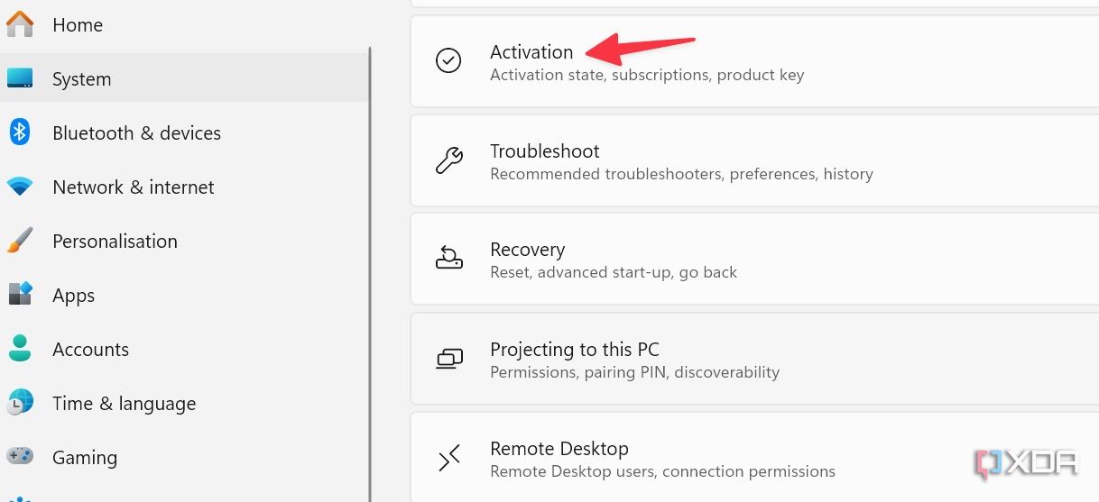 Open the activation menu in Windows Settings