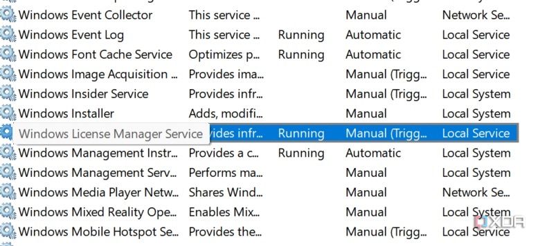Windows License manager service in the Services menu