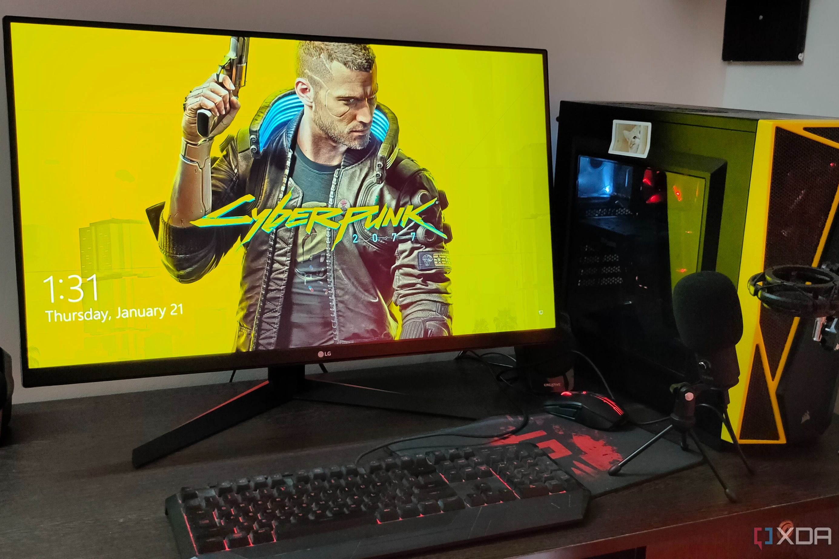 Image of Gaming PC setup with Cyberpunk 2077 wallpaper on monitor