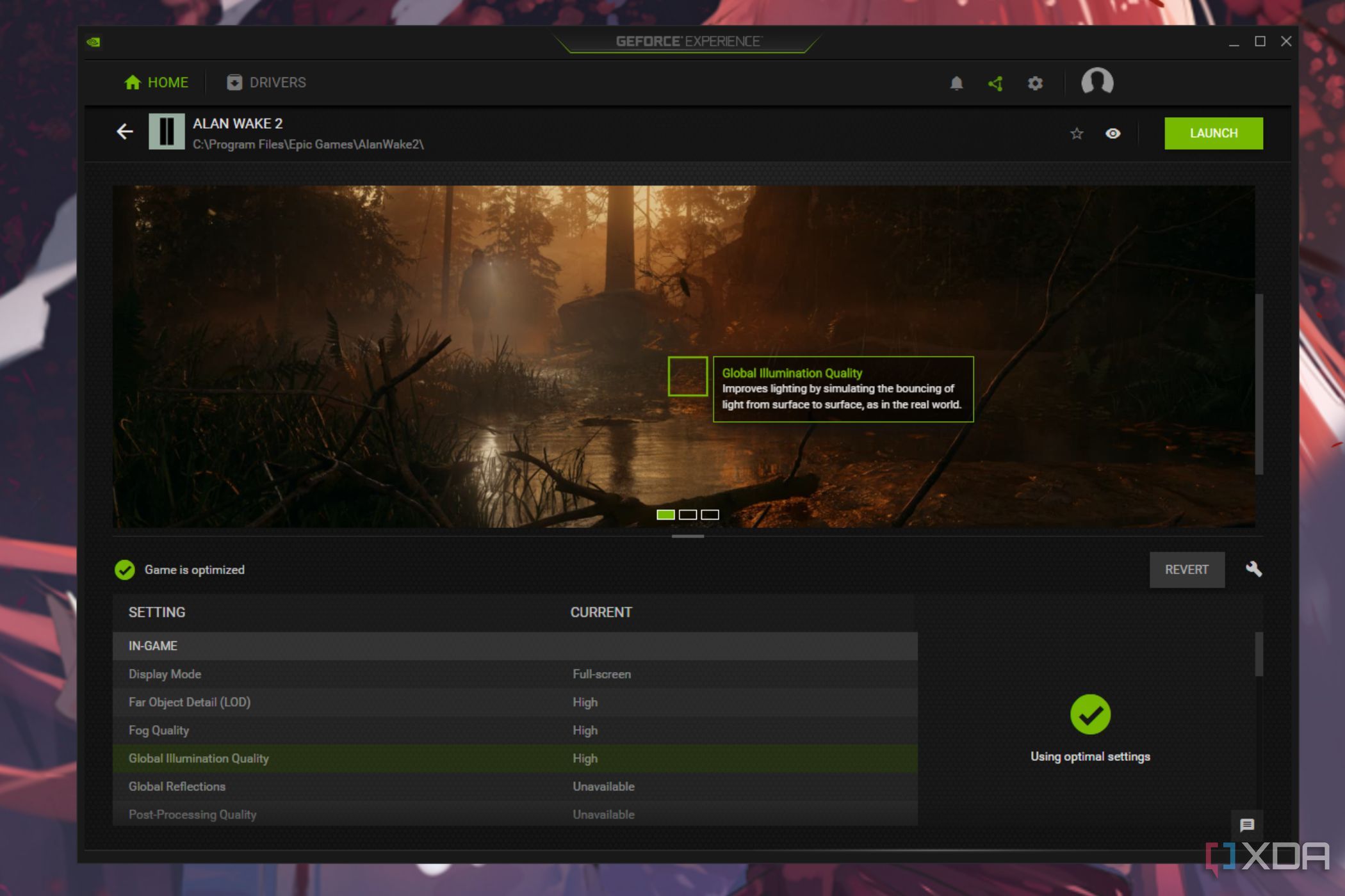 Tangkapan layar yang memperlihatkan deskripsi pengaturan grafis di GeForce Experience untuk Alan Wake 2.