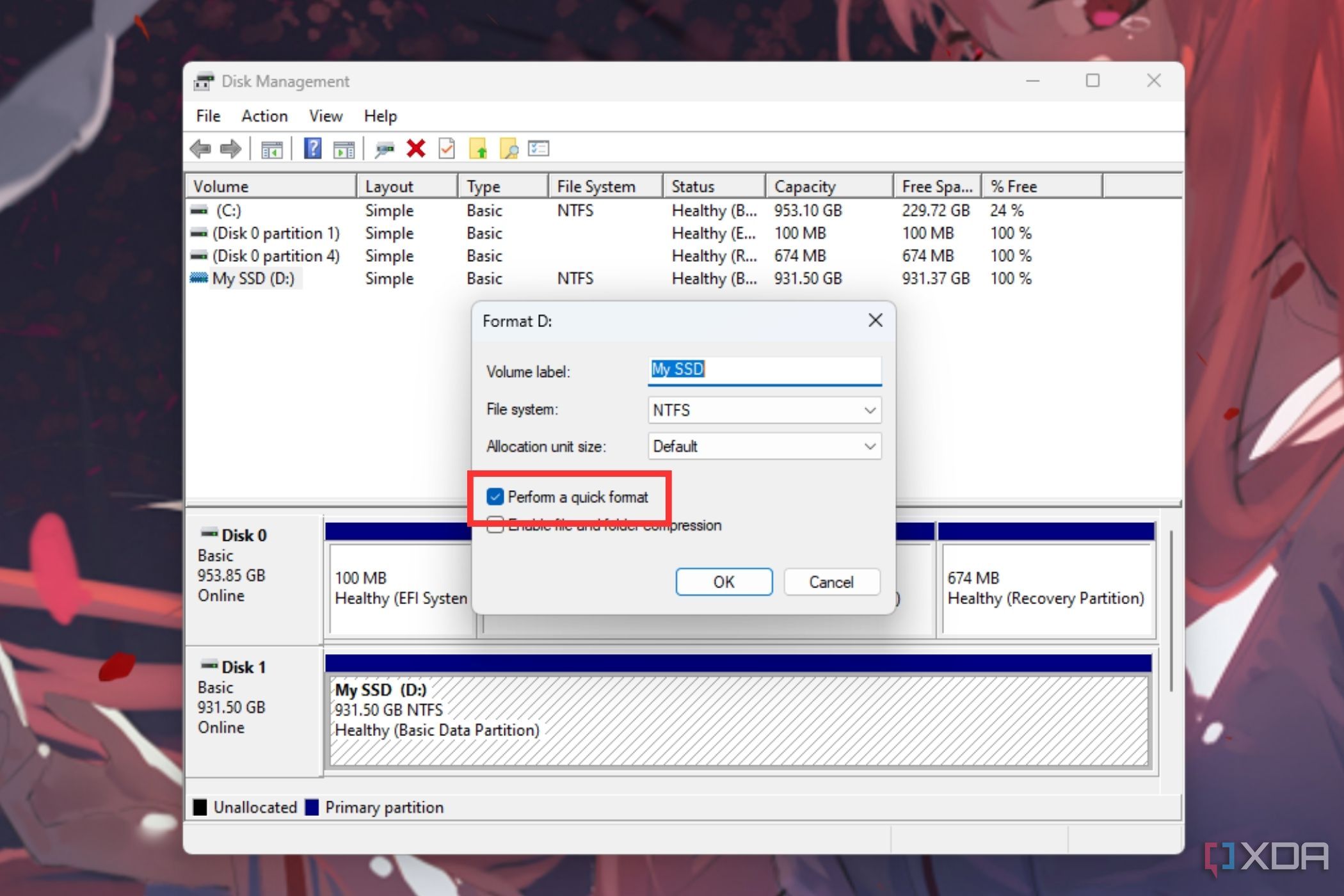 Снимок экрана, показывающий выделенную опцию быстрого форматирования в утилите «Управление дисками».