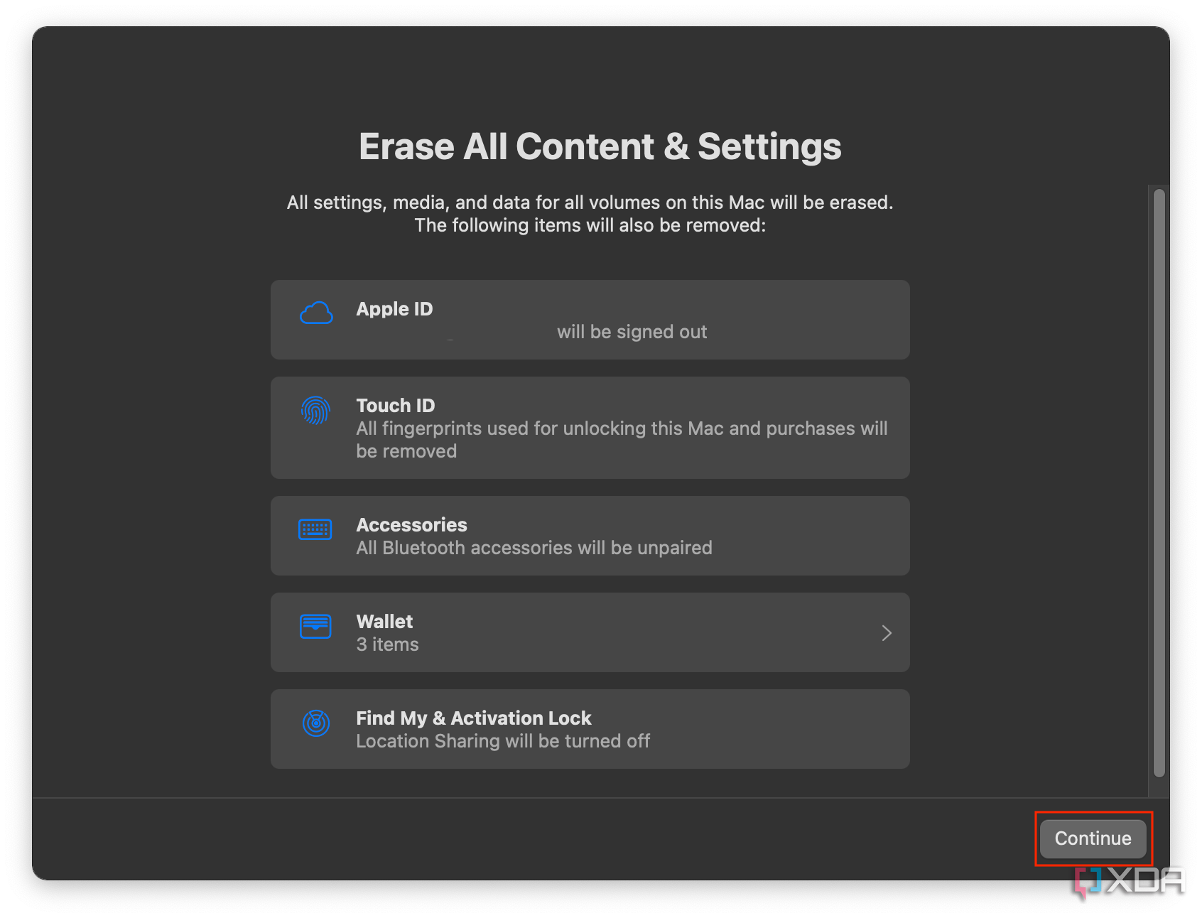 continue button on erase all content and settings prompt 