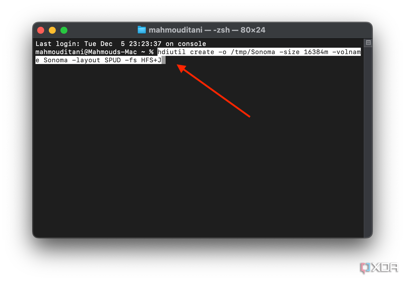 hdiutil create -o /tmp/Sonoma -size 16384m -volname Sonoma -layout SPUD -fs HFS+J command in Terminal on macOS