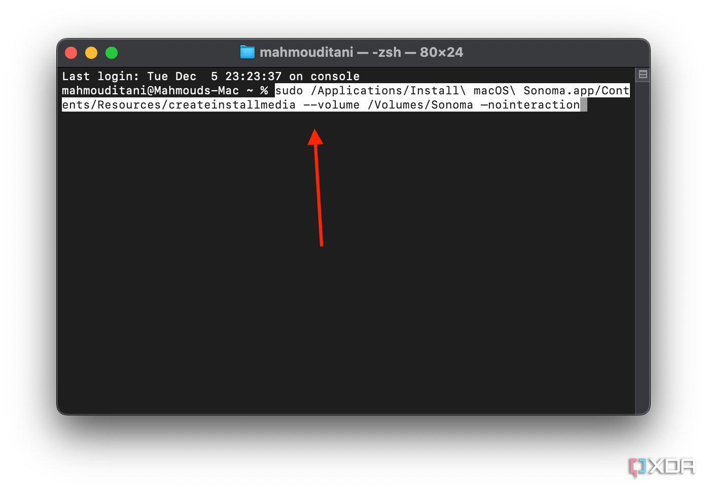 sudo /Applications/Install\ macOS\ Sonoma.app/Contents/Resources/createinstallmedia --volume /Volumes/Sonoma –nointeraction command in Terminal on macOS
