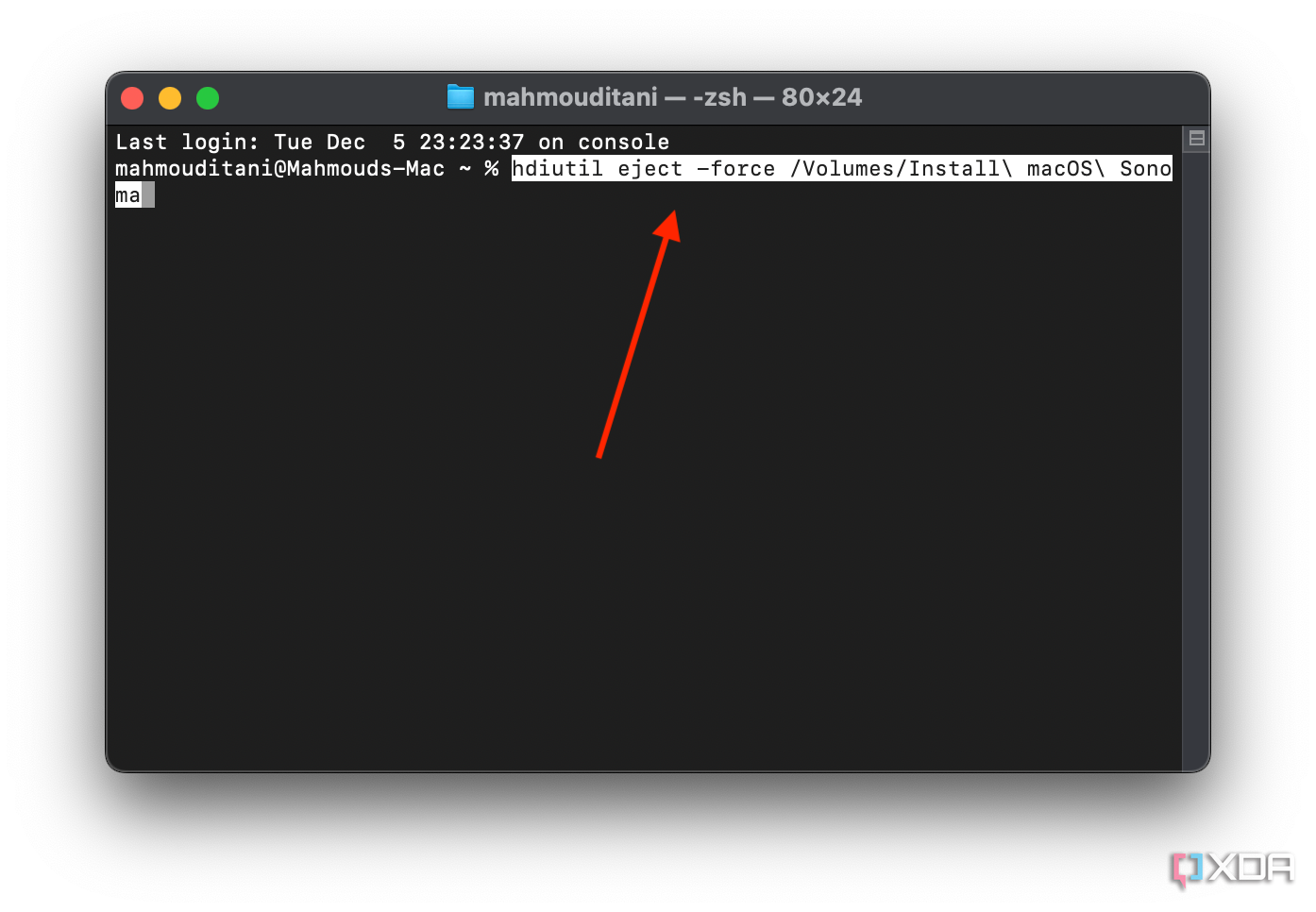 hdiutil eject -force /Volumes/Install\ macOS\ Sonoma command in Terminal on macOS