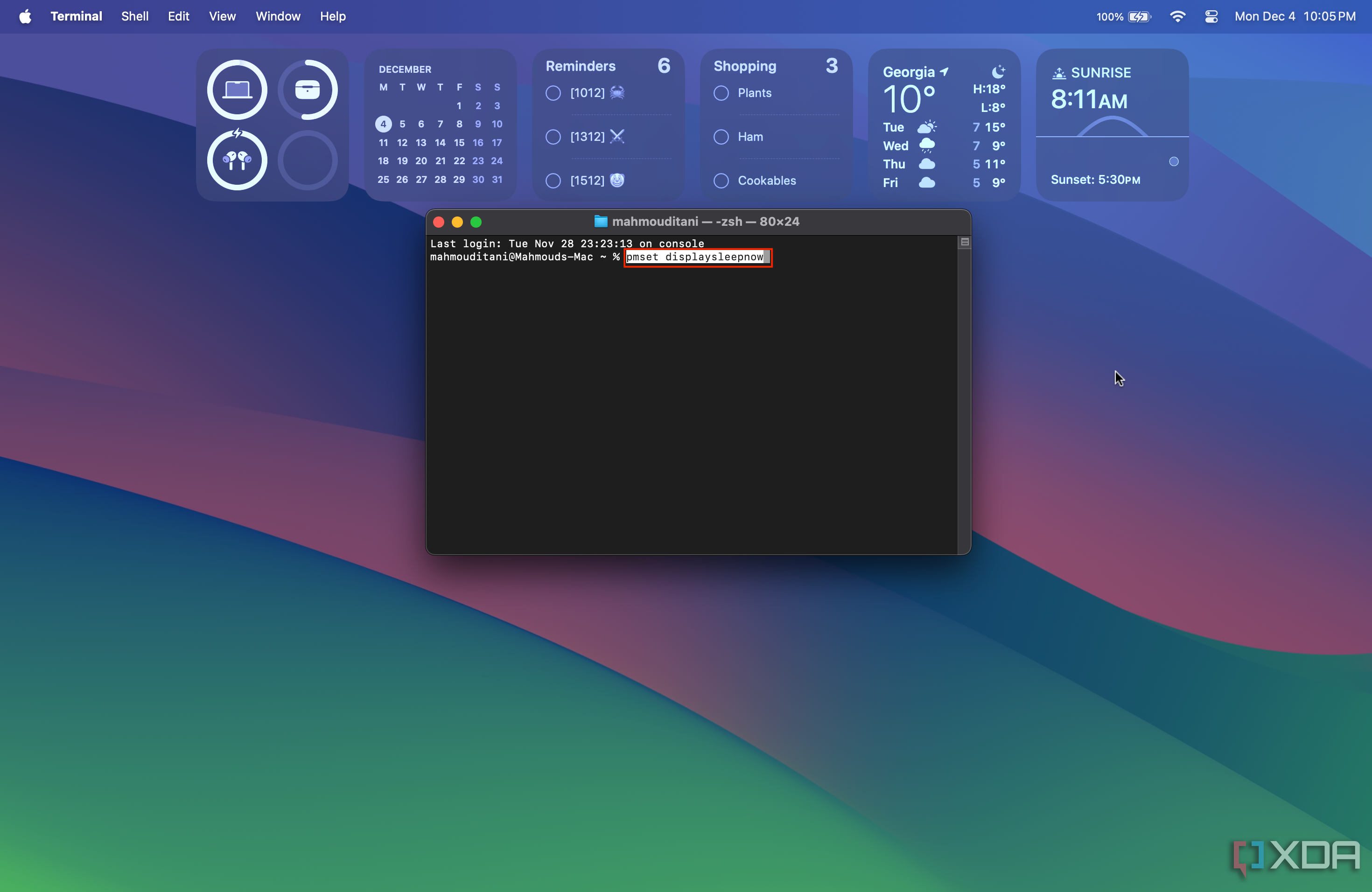 Ventana de terminal que muestra el comando que bloquea tu Mac