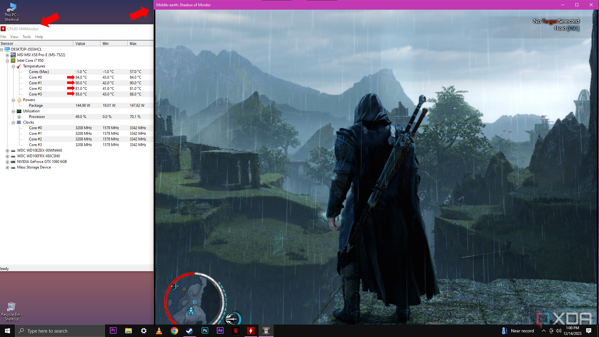  Shadow of Mordor" in the background, with the HWMonitor application in the foreground showing elevated CPU temperatures and other system stats.