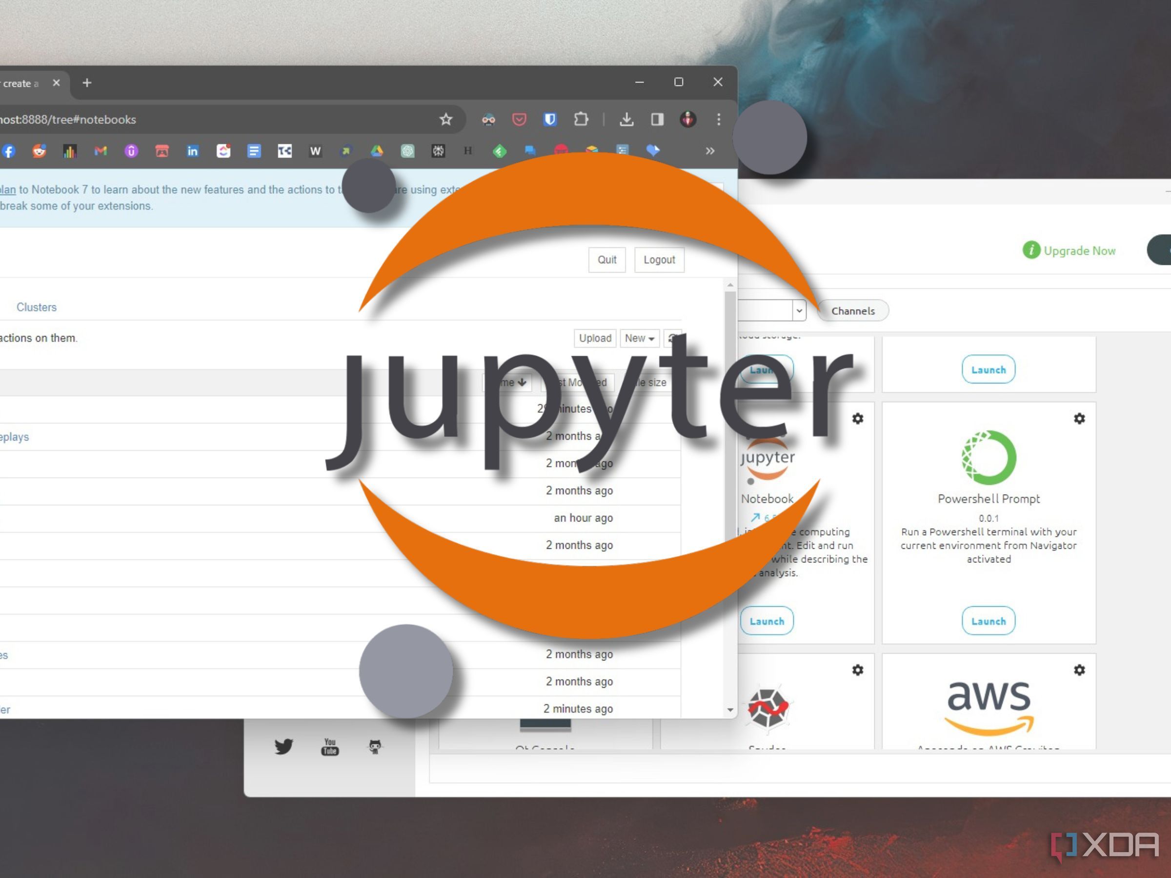 A Windows 11 screenshot with the Anaconda and Jupyter Notebook apps open in the background with the Jupyter logo overlaid on top. 
