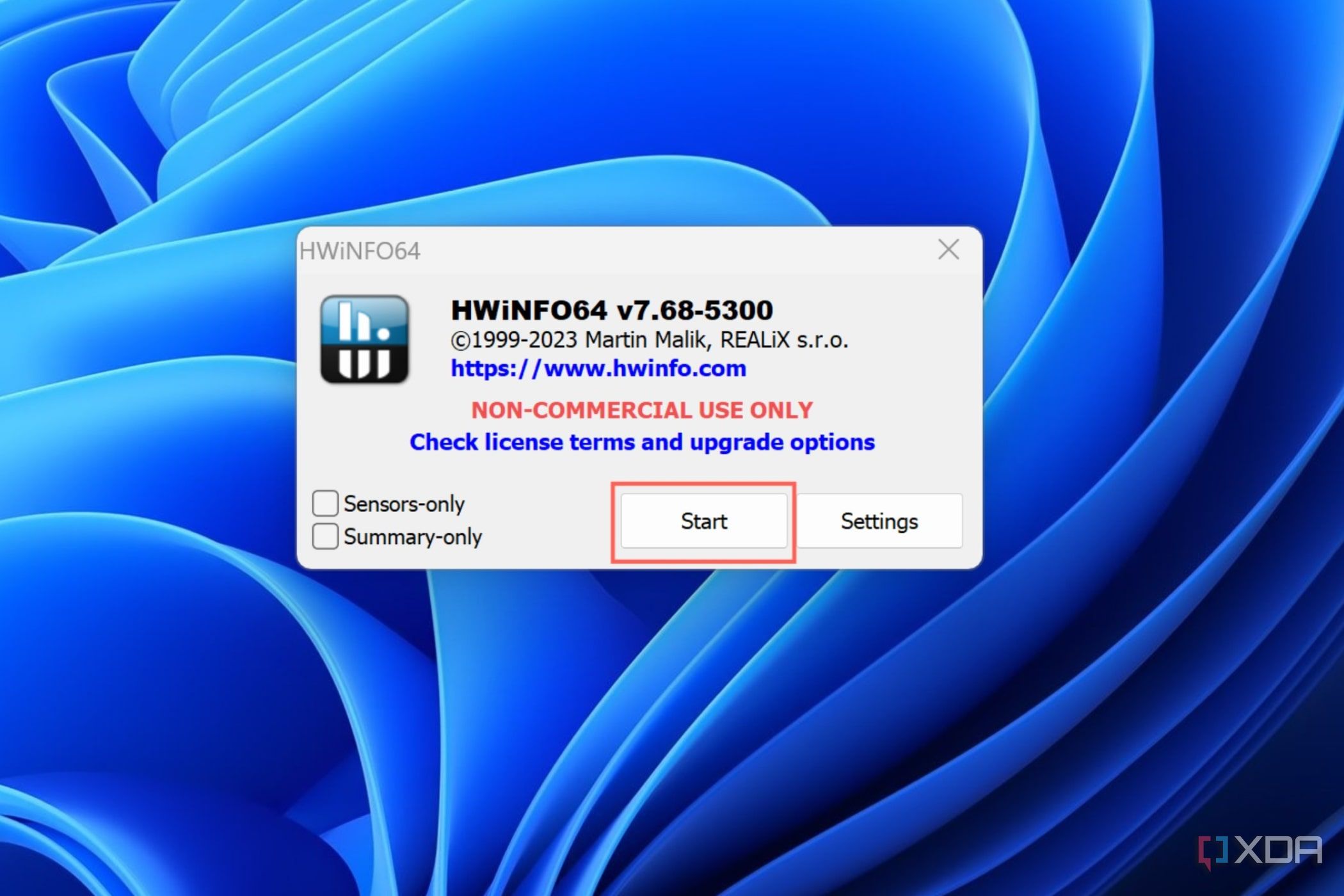 A screenshot of HWiNFO64 with the Start button highlighted