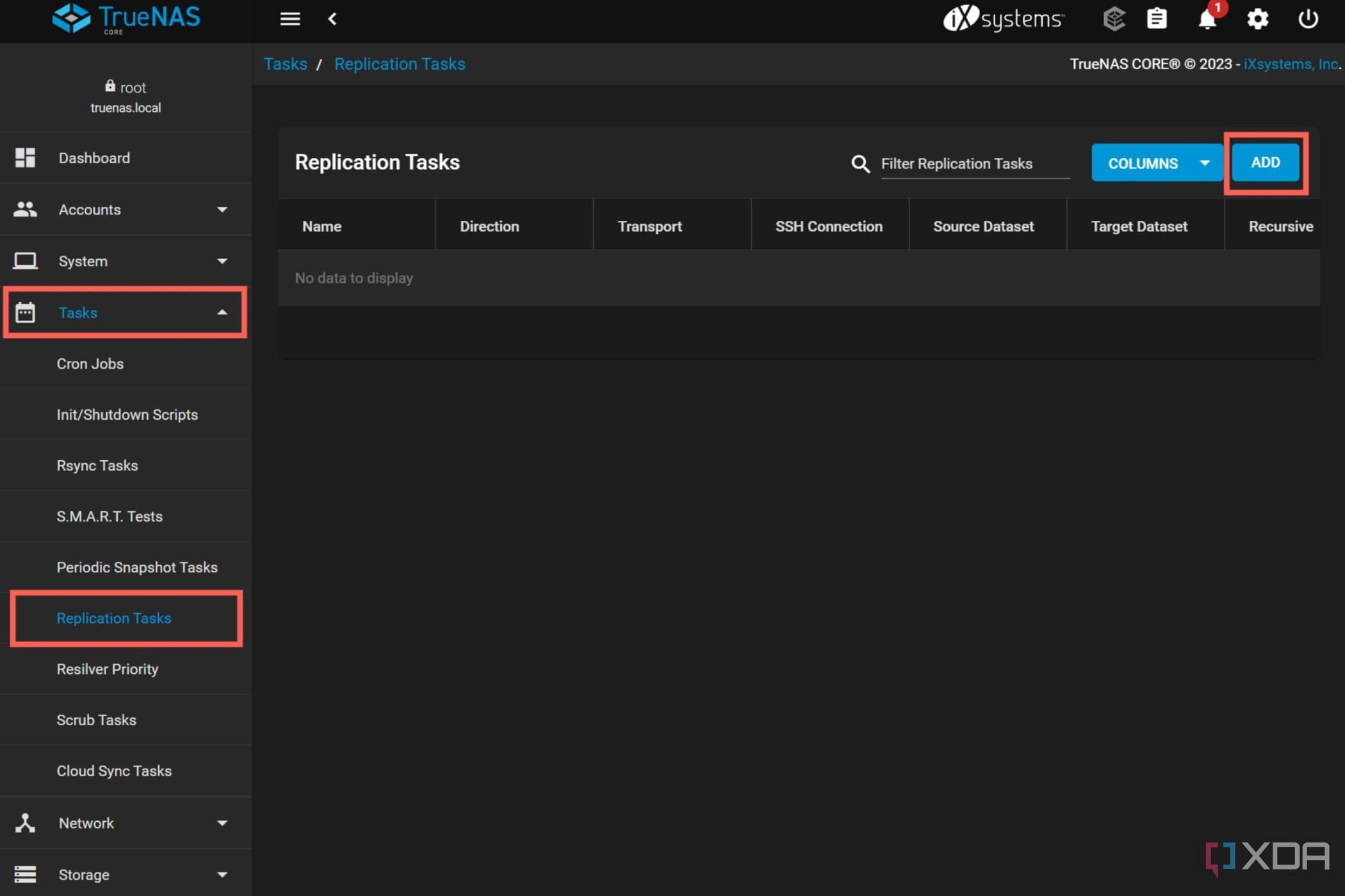 Una captura de pantalla de TrueNAS Core con las tareas de replicación resaltadas