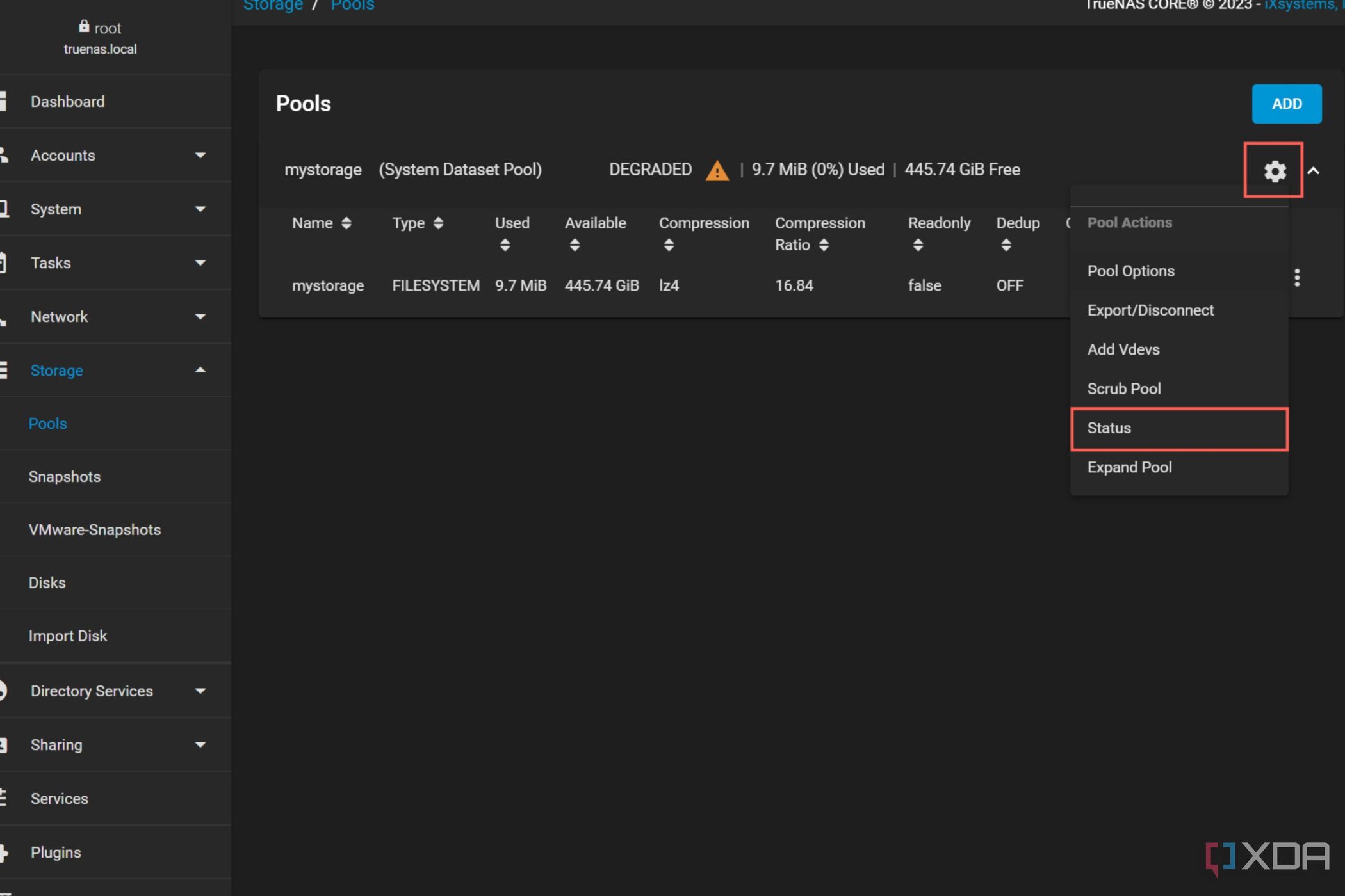 Una captura de pantalla de la interfaz TrueNAS Core con la configuración de estado de los grupos resaltada