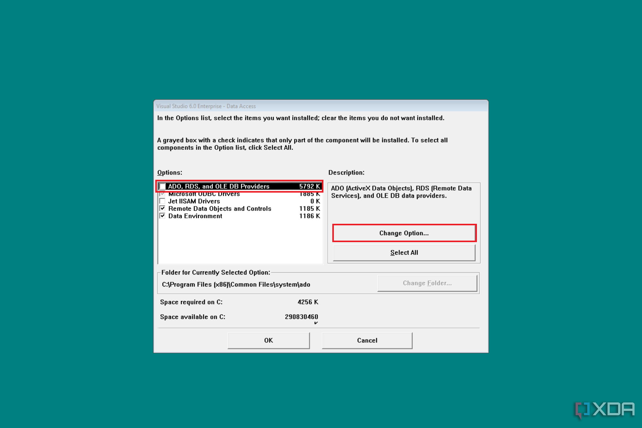 Screenshot of a Visual Studio 6.0 installation window with options to select components like 'ADO, RDS, and OLE DB Providers', showing checkboxes, highlighted selections, and buttons for changing options and confirming the installation.