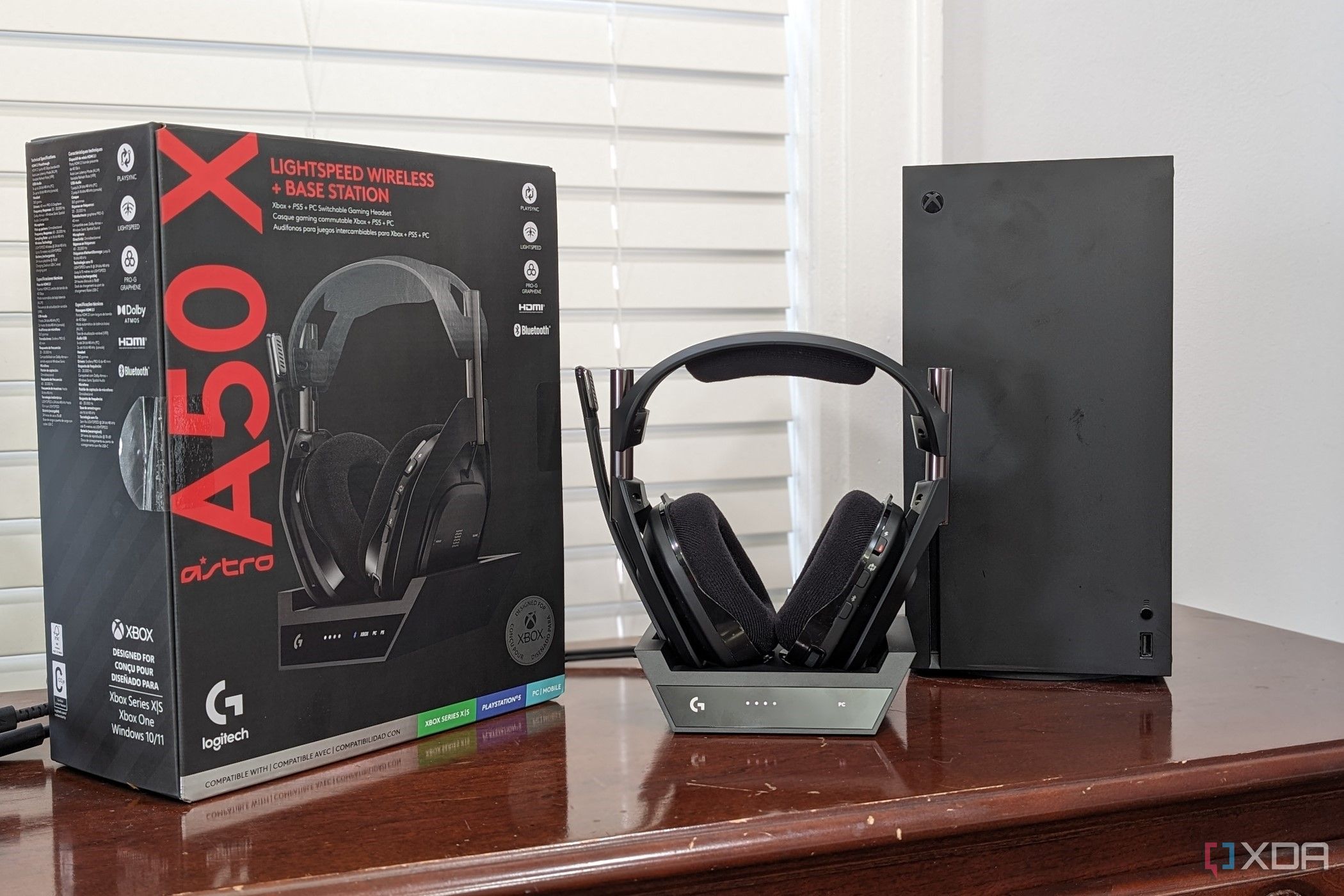 Logitech G Astro A50 X Lightspeed with the Xbox Series X and retail box