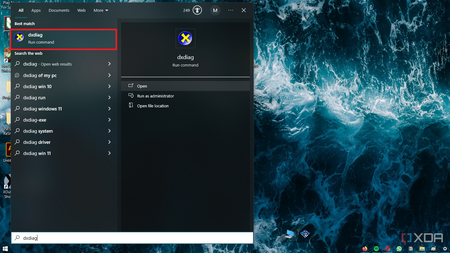 dxdiag searched in the start menu and the command highlighted