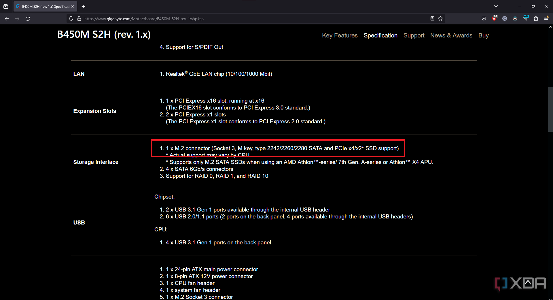 official gigabyte motherboard specifications with the m.2 slot specifications highlighted