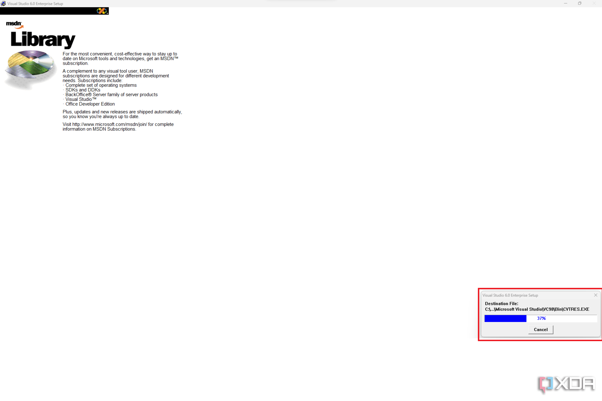 Image of the MSDN Library setup screen for Visual Studio 6.0 Enterprise with a description of the library's features, accompanied by a small setup progress window indicating 37% completion for a file extraction.