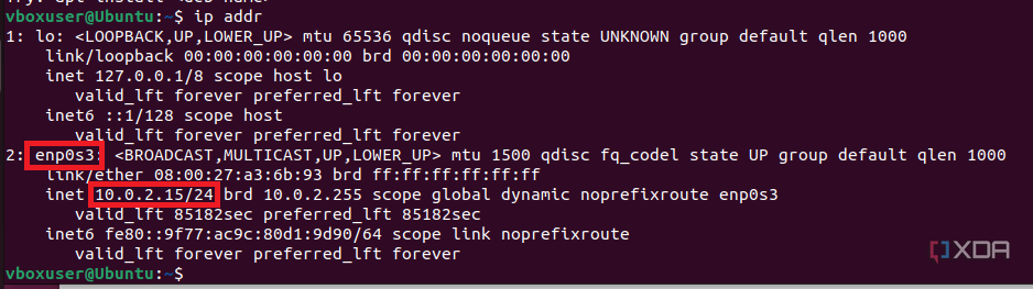 Salida de dirección IP, que muestra la interfaz de red enp0s3 y una IP interna de 10.0.2.15