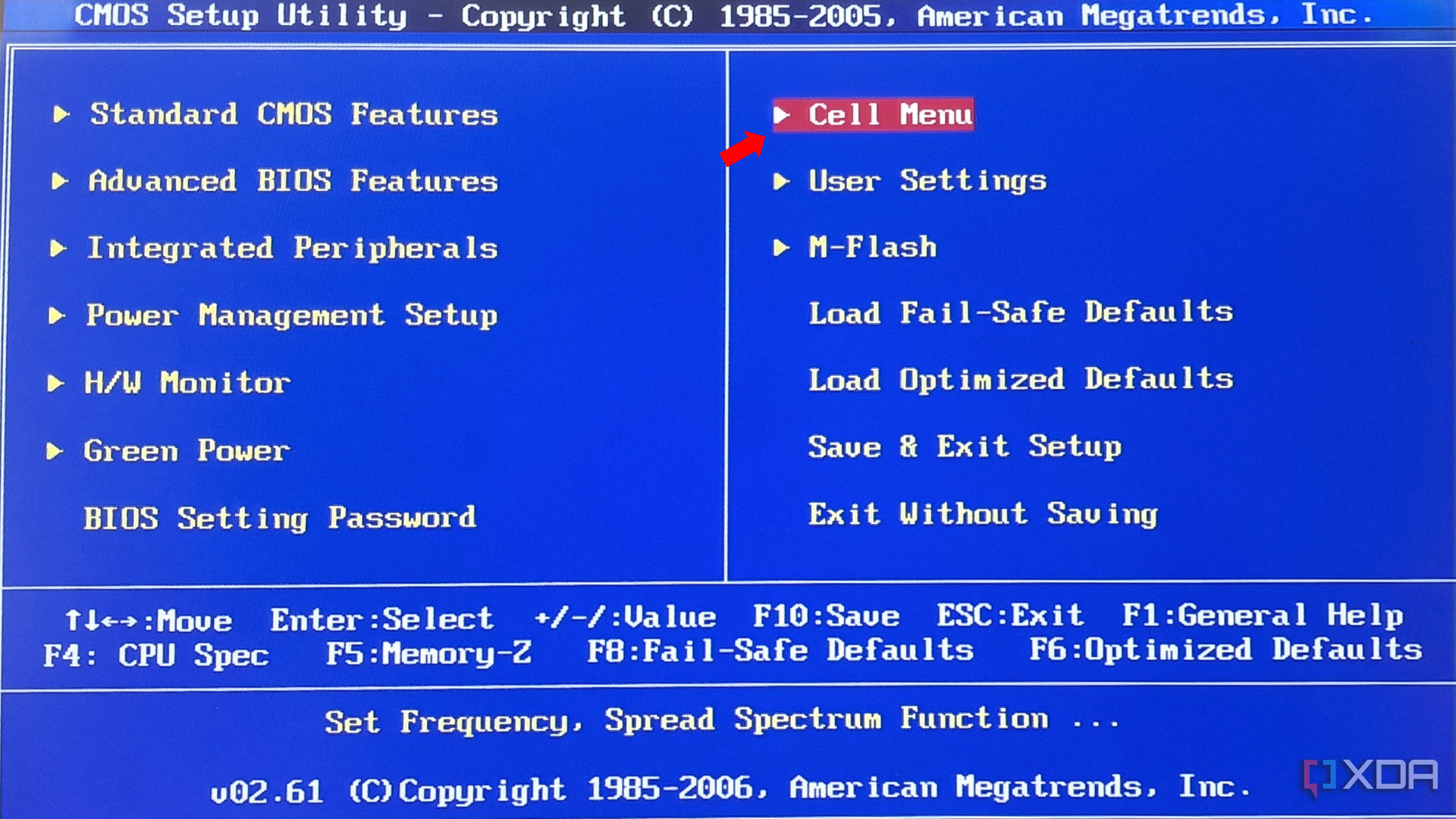 The main menu of BIOS setup with various options, including an arrow pointing to the "Cell Menu."