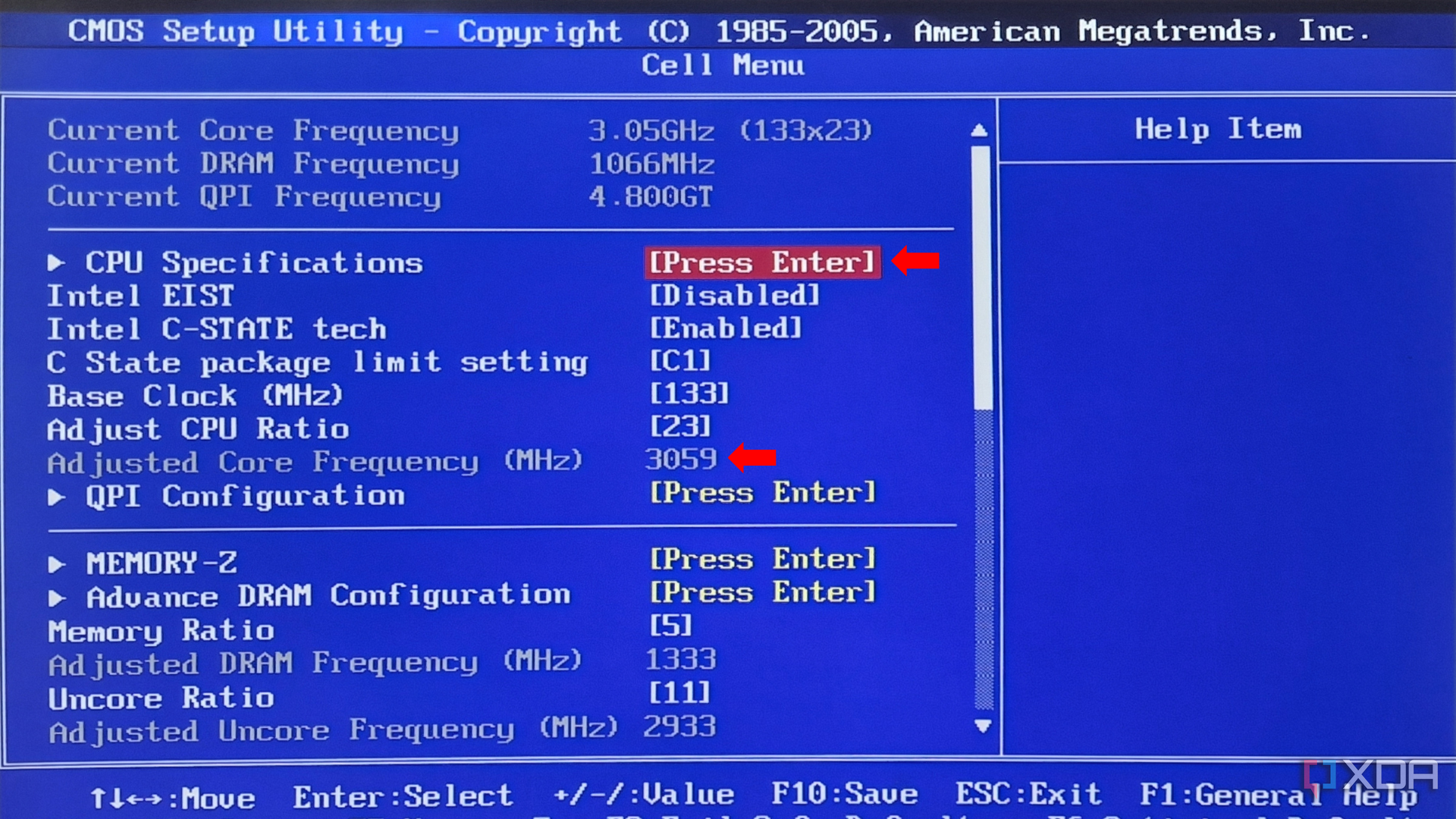 BIOS Cell Menu showing CPU specifications with an option to adjust the CPU ratio highlighted.
