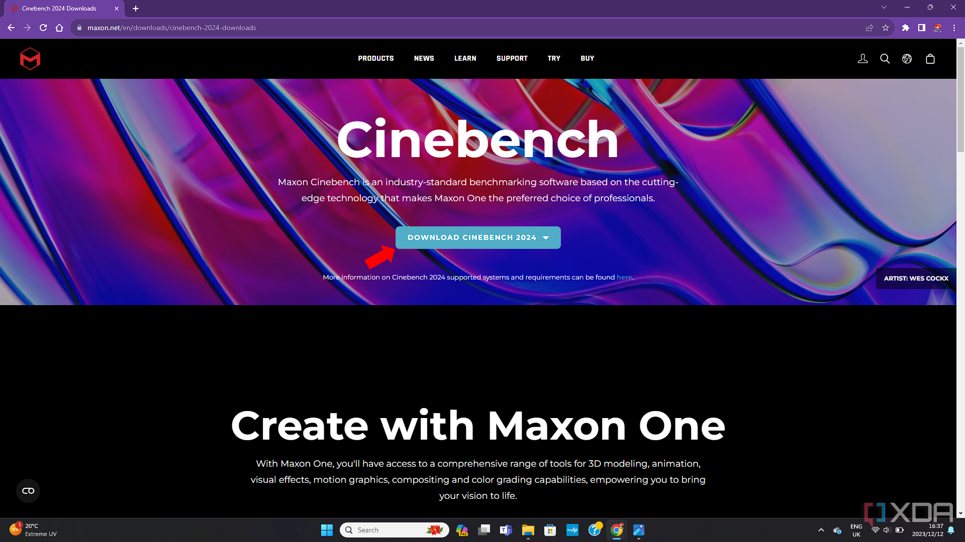 Снимок экрана веб-сайта Cinebench, на котором показана страница загрузки Cinebench 2024 со стрелкой, указывающей на кнопку загрузки.